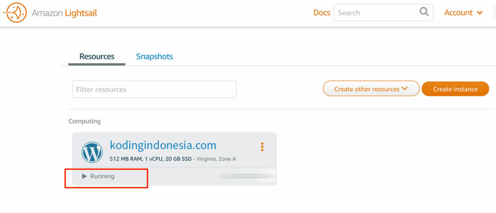 AWS lightsail berhasil di create