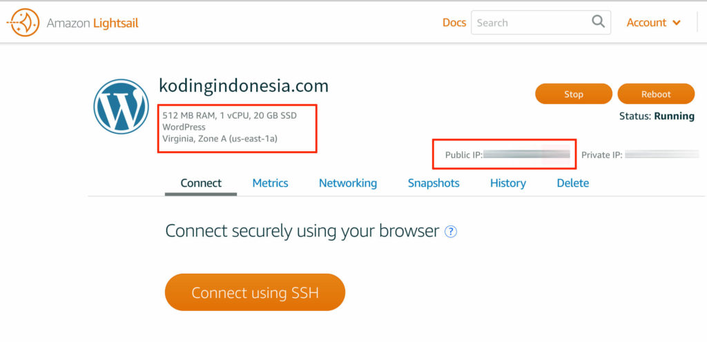 detail informasi server lightsail
