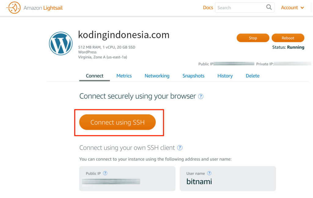 username wordpress lightsail